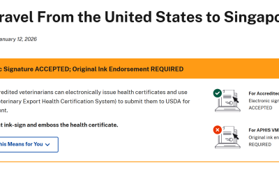 USDA APHIS Singapore pet import page showing electronic signature accepted for dog and cat health certificates