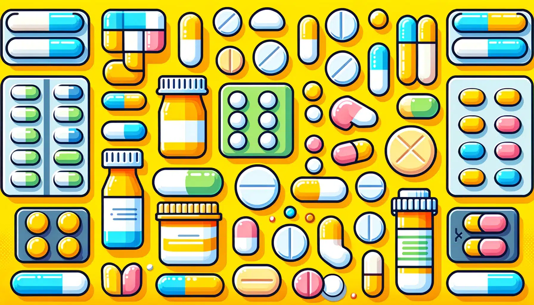 Colorful flat illustration of capsules, tablets and medicine bottles on a yellow background