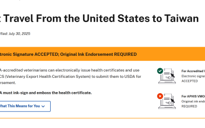 USDA APHIS Taiwan pet import requirements showing electronic signature accepted with original ink endorsement required