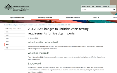 Australian Government notice about Ehrlichia canis testing requirement changes for dog imports effective November 2022