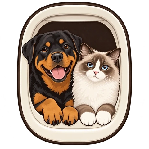 Rottweiler and Ragdoll cat together inside an airplane window.