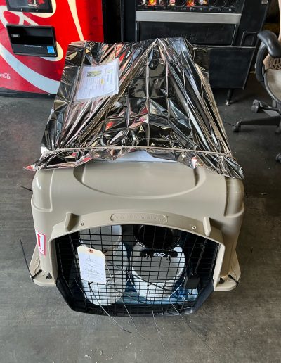 A pet travel crate with its top wrapped in a reflective foil insulation blanket before transport