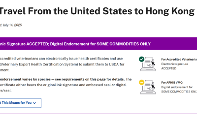 USDA APHIS Hong Kong pet travel requirements showing VEHCS digital endorsement accepted for some commodities