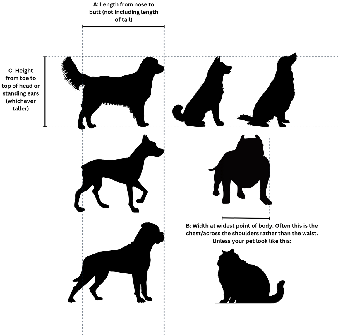Illustrated diagram of dog and cat silhouettes labeled A (length from nose to tail base), B (width at the widest point of the body), and C (height from toe to top of head or ears), showing where to take each measurement for crate sizing.