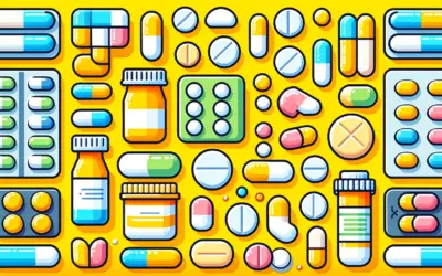 Colorful flat illustration of capsules, tablets and medicine bottles on a yellow background