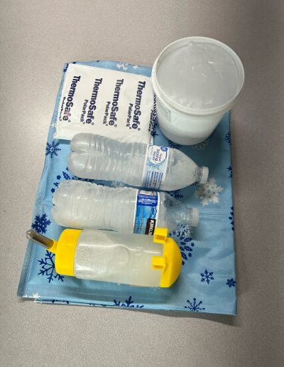 ThermoSafe gel packs, water bottles, and a lidded cup laid out on a towel as travel supplies