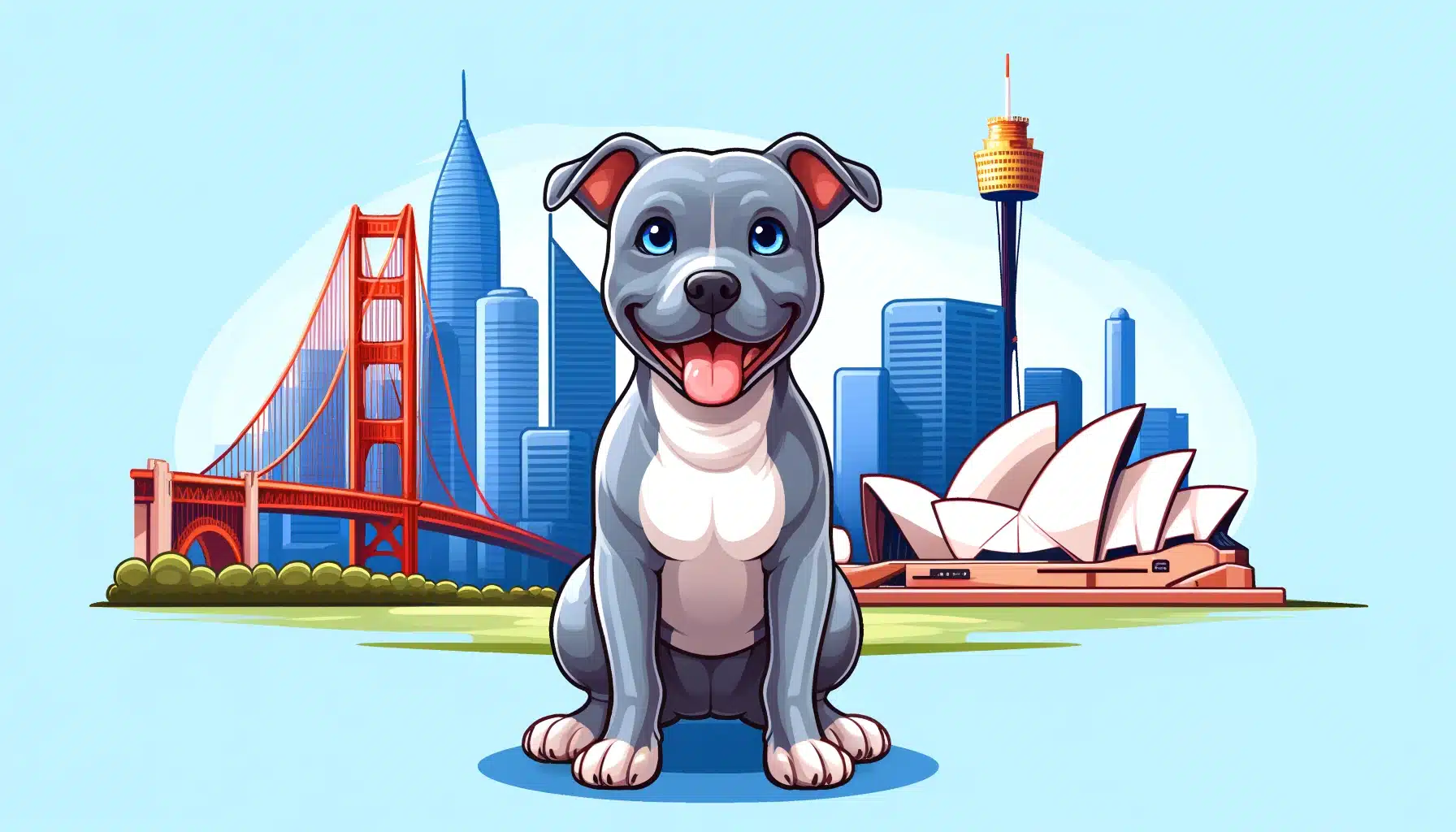 Illustration of a smiling gray dog with San Francisco and Sydney landmarks marking an international pet move