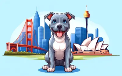 Illustration of a smiling gray dog with San Francisco and Sydney landmarks marking an international pet move