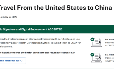 USDA APHIS pet travel to China page showing electronic signature and digital endorsement now accepted for health certificates
